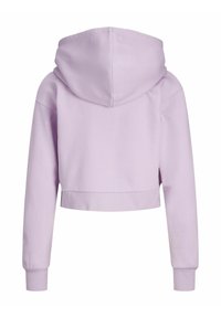 Kropēts kapuce gaiši violetā kokvilnā ar garām piedurknēm un ribotām aprocēm. Gluda tekstūra un vienkāršs dizains.