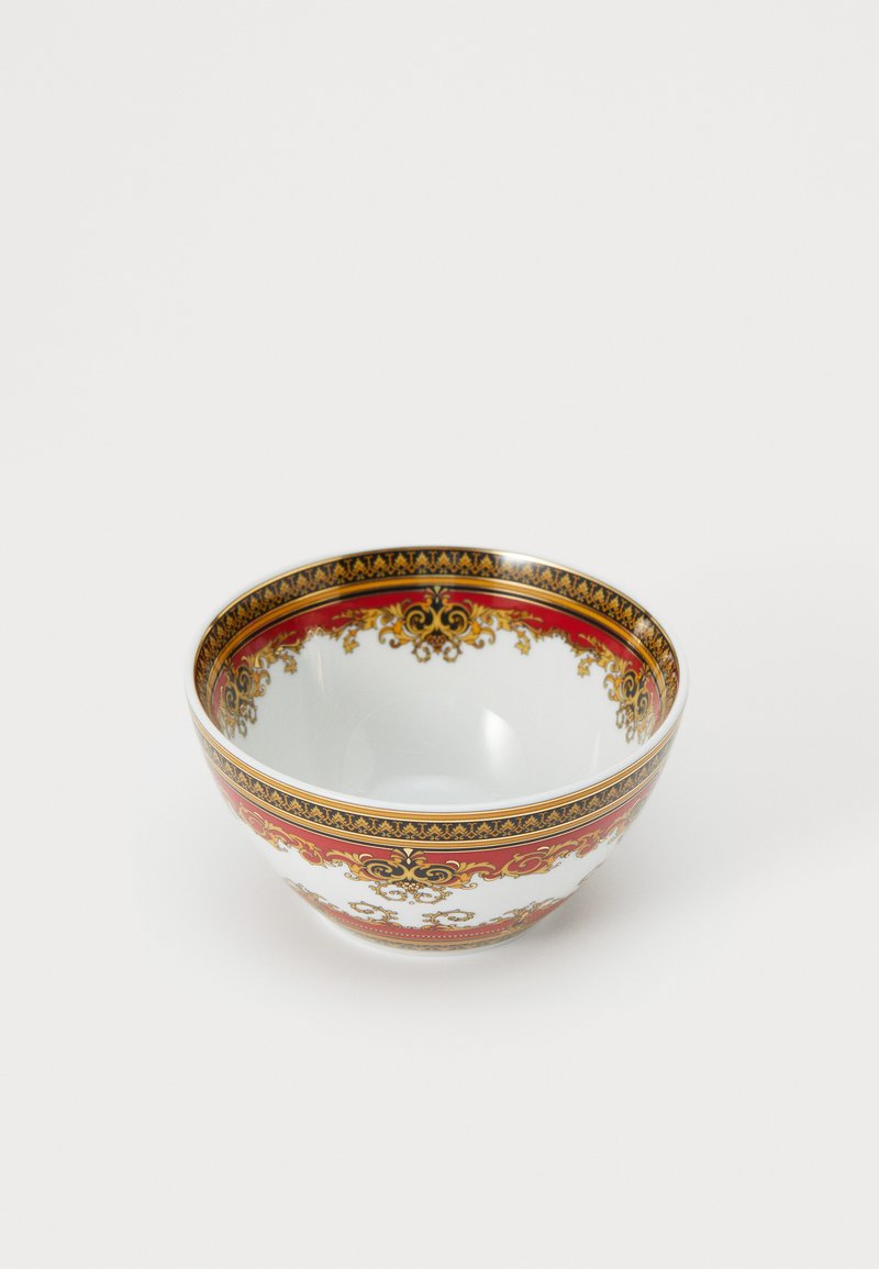 Διακοσμητικό πορσελάνινο μπολ με λευκό εσωτερικ�ό και εξωτερικό με μοτίβα σε κόκκινο και χρυσό, με περίπλοκα σχέδια και κυρτό σχήμα.