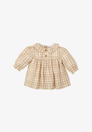 Vestido de cuadros beige y blanco con cuello redondo, mangas abullonadas, tres botones de madera y detalles fruncidos en la cintura.