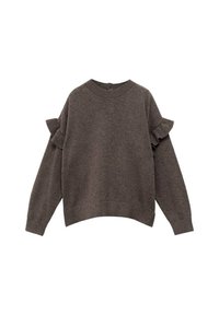 Pulover tricotat de culoare maro, cu guler rotund, mâneci lungi și accente volanate pe umeri. Textură moale și tiv scurt.