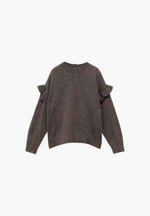 Maglione marrone a maglia con scollo rotondo, maniche lunghe e dettagli arricciati sulle spalle. Tessuto morbido e orlo cropped.