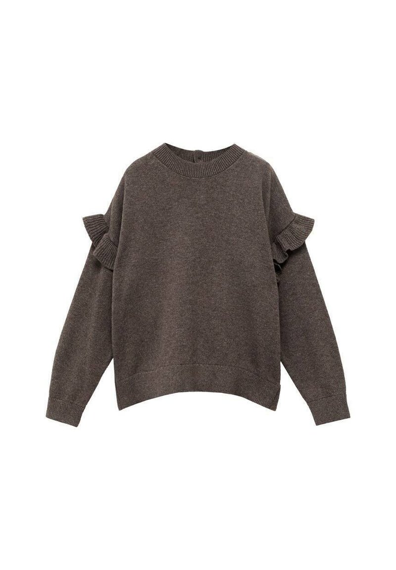 Pulover tricotat de culoare maro, cu guler rotund, mâneci lungi și accente volanate pe umeri. Textură moale și tiv scurt.