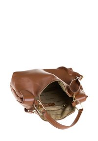 Sac à main en cuir marron texturé avec fermeture éclair, double poignées pour l'épaule et doublure intérieure à motifs. Équipé de quincaillerie en ton or.