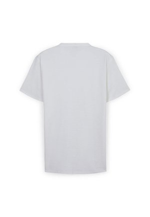 T-shirt bianco a maniche corte con collo a giro mostrato dal retro su uno sfondo bianco.