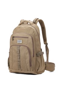Zaino in tela beige con numerosi scomparti, tasche con zip, spallacci imbottiti e una maniglia. Caratterizzato da un logo accentato sul davanti.