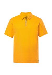 Lyhythihainen polo-paita kirkkaankeltaista puuvillaa, jossa on puolivetoketjukaulus, tasainen pinta ja moderni leikkaus.