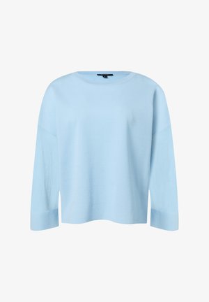 Hellblauer Pullover mit rundem Ausschnitt, dreiviertel Ärmeln und einer weichen Textur. Verfügt über gerippte Akzente an den Ärmelabschlüssen.