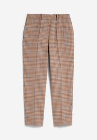 Pantalon fuselé à carreaux marron et beige avec lignes bleu et orange en damier, taille élastique et plis devant.