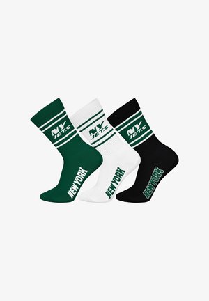 Three crew socks in green, white, and black with "NY Jets" and "New York" text in team colors and stripes at the top.