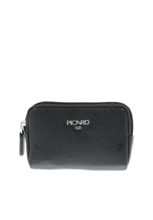 Schwarzes Lederportemonnaie mit Reißverschluss, silbernem Metalllogo von Picard und Zuglasche, rechteckige Form, glatte Textur.