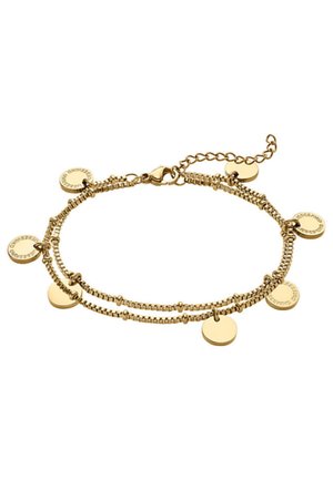 Gouden armband met dubbele schakels en ronde bedels. Voorzien van een karabijnsluiting en een verlengketting voor verstelbare lengte. Gladde textuur.