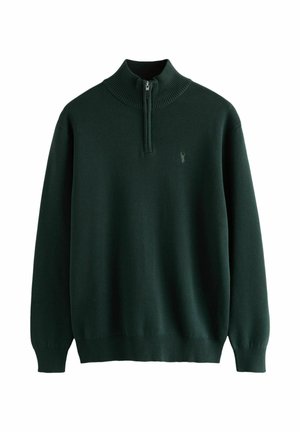 Suéter de pullover verde oscuro con un alto cuello acanalado, cierre de media cremallera en la parte delantera y mangas largas. Presenta un pequeño logo en el pecho.