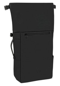 Black roll-top backpack made from durable fabric. Features a front zippered pocket, side mesh pocket, and adjustable straps. Minimalistic design.