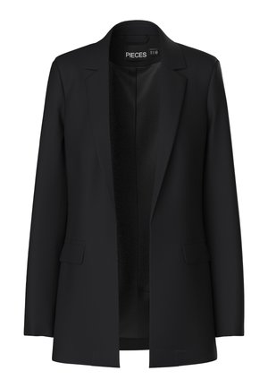 Black blazer with a tailored design, notched lapels, two front pockets, and an open front. Made of smooth fabric with a structured shape.