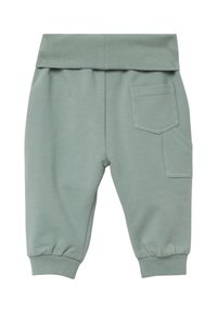 lichtgroene sweatshirtbroek met een zachte textuur, voorzien van een brede elastische tailleband, omgeslagen enkels en een enkele opgestikte zak op de achterkant.