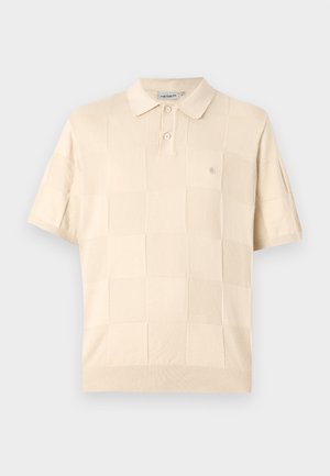 Beige Poloshirt mit strukturiertem Karomuster, kurzen Ärmeln, Knopfleiste mit zwei Knöpfen und kleinem Logo auf der linken Brust. Weiches Material.