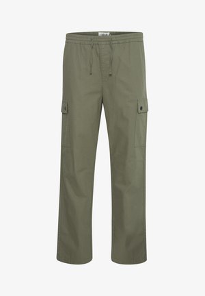 Pantalons cargo kaki avec taille à cordon, poches latérales et coupe décontractée. Fabriqués en tissu lisse avec une texture subtile.
