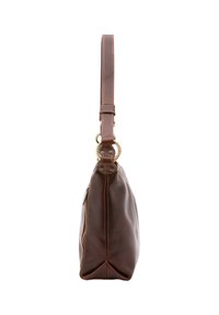 Sac à bandoulière en cuir marron avec une texture lisse, doté d'une seule sangle avec des accessoires en laiton et des détails de couture visibles sur les bords.