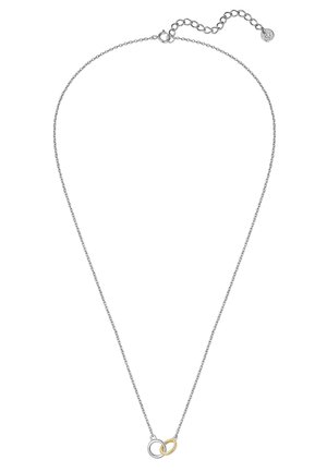 Sølvkæde med justerbar lås og to sammenlåste ringe, en i sølv og en i guld, som vedhæng.