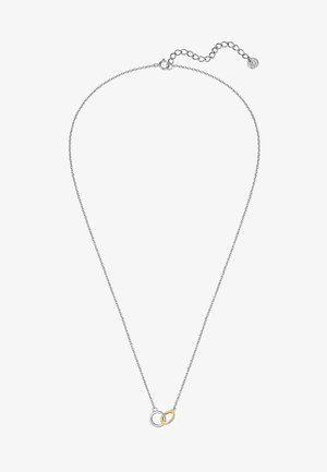 Sølvkæde med justerbar lås og to sammenlåste ringe, en i sølv og en i guld, som vedhæng.