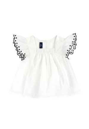 Vestito bianco per neonati con maniche corte arricciate caratterizzate da bordi neri ricamati e corpetto arricciato.