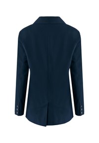 Námořnický modrý blazer s dlouhými rukávy, klopovým límcem a knoflíkovými detaily na manžetách. Hladká textura s ventilačním designem na zadní straně.