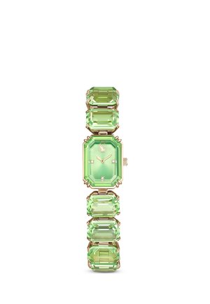 Orologio da polso da donna con maglie rettangolari in pietra preziosa verde e quadrante verde abbinato con lancette dorate e piccoli indici delle ore in diamante.