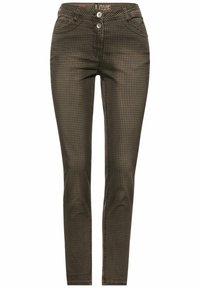 Zelené vzorované džíny s přiléhavým střihem, vybavené dvoupanelovým zapínáním a jemnou houndstooth texturou po celé látce.