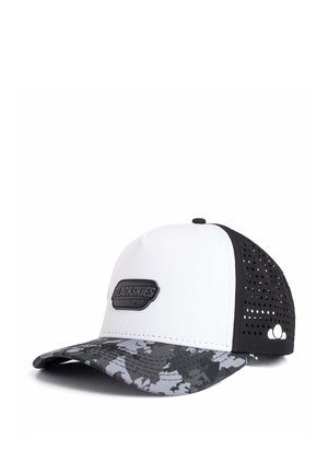 Baseball cap with a white front, black mesh back, and gray camouflage patterned curved brim, featuring a black "Blackskies Pro" logo patch.