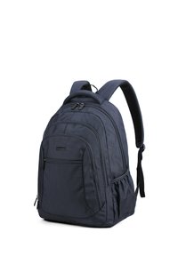 Zaino blu navy con tessuto testurizzato, molteplici scomparti con zip, spallacci imbottiti e una tasca laterale in rete.