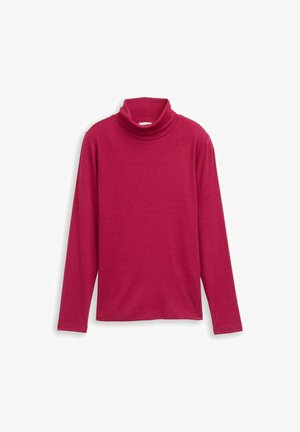 Hosszú ujjú garbó felső egyszínű málna színben, puha anyagból készült, sima textúrával és laza szabással.