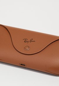 Custodia per occhiali da sole in pelle marrone con finitura testurizzata. Presenta una leggera curvatura, chiusura a bottone e logo in nero. Porta USB-C visibile.