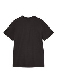 Czarny t-shirt z krótkim rękawem i okrągłym dekoltem, pokazany od tyłu, wykonany z jednolitej, gładkiej tkaniny z prostym dołem.