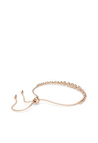 Verstelbare armband van roségoud met een reeks bolvormige kraaltjes, voorzien van een schuifknoopsluiting en delicate kettinglinken.