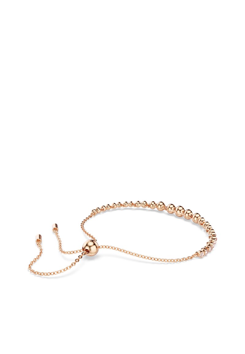 Verstelbare armband van roségoud met een reeks bolvormige kraaltjes, voorzien van een schuifknoopsluiting en delicate kettinglinken.