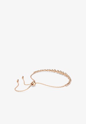 Verstellbares Armband aus Roségold mit einer Reihe von kugelförmigen Perlen, ausgestattet mit einem gleitenden Kugelverschluss und zarten Kettengliedern.