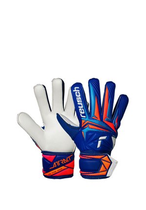 Pair of blue and orange goalkeeper gloves, one showing palm side and the other back with "reusch" branding.