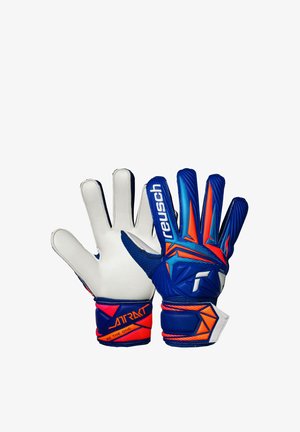 Par de guantes de portero en azul y naranja, uno mostrando la palma y el otro el reverso con la marca "reusch".