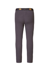 Grijze geribde leggings met een nauwsluitend ontwerp en een patronen zwarte tailleband met gouden accenten. Soepele textuur, taps toelopende broekspijpen.