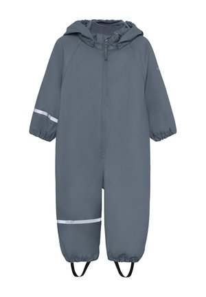 Grijze waterdichte kinderoverall met capuchon, ritssluiting aan de voorkant, elastische boorden, reflecterende banden op arm en been, en voetbandjes.