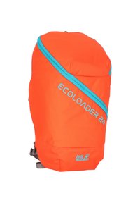 Orange Rucksack mit blauem Reißverschluss, mit "ECOLOADER 24" und Markenlogo. Strukturiertes Material und verstellbare Schultergurte für Komfort.