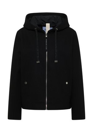 Czarna bluza z kapturem na zamek, z dwoma przednimi kieszeniami, regulowanymi sznurkami i ocieplanym podszyciem kaptura.