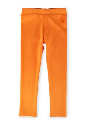 Orange Leggings mit einer glatten, dehnbaren Textur und einem elastischen Bund. Mit einem kleinen hervorgehobenen Logo auf der linken Seite.