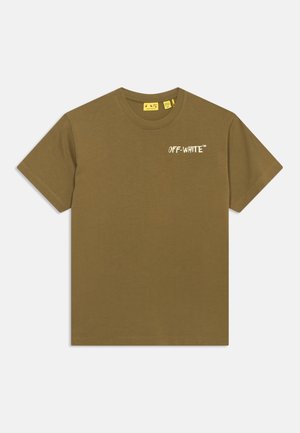 Λαδί κοντομάνικο T-shirt με στρογγυλή λαιμόκοψη και μικρό λευκό λογότυπο "OFF-WHITE" στο αριστερό στήθος.