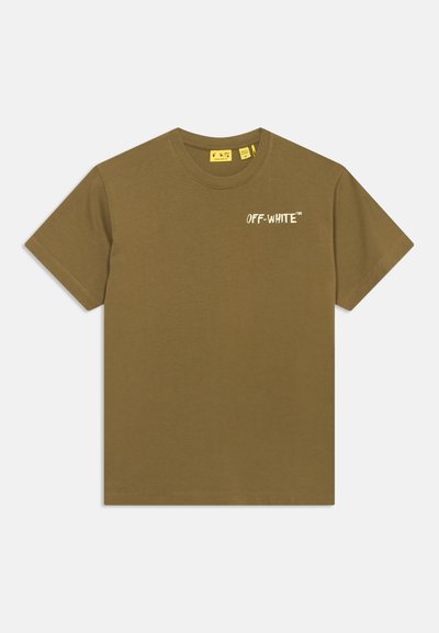 Λαδί κοντομάνικο T-shirt με στρογγυλή λαιμόκοψη και μικρό λευκό λογότυπο "OFF-WHITE" στο αριστερό στήθος.