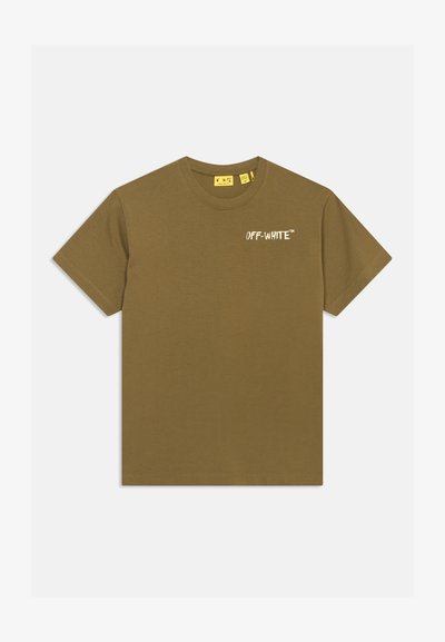 Λαδί κοντομάνικο T-shirt με στρογγυλή λαιμόκοψη και μικρό λευκό λογότυπο "OFF-WHITE" στο αριστερό στήθος.