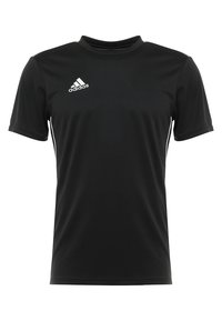 Camiseta atlética negra de manga corta hecha de tela ligera, con cuello redondo, logo de adidas en blanco y acentos laterales en blanco.