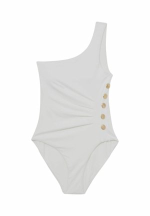 Biely jednodielny plavky s jedným ramienkom, ozdobené nariasenou textúrou a piatimi zlatistými gombíkmi na boku, s hladkým povrchom látky.