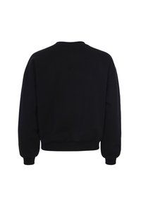 Zwarte sweatshirt van dik materiaal, met een ronde Halslijn, lange mouwen met geribbelde boorden, een relaxed fit, effen kleur, zonder zichtbare patronen of details.