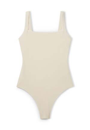 Costume intero beige con spalline larghe, scollo quadrato, gambe alte e tessuto liscio ed elastico per il massimo comfort.